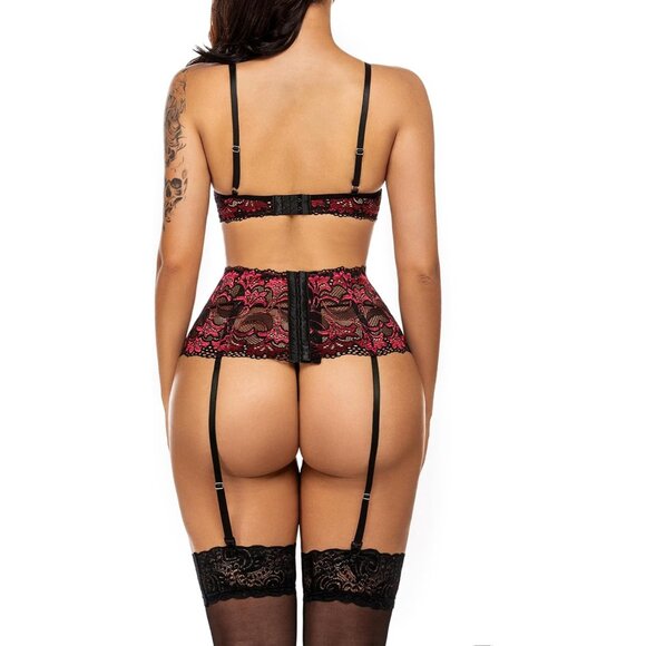 Women Dak Red Lingerie Set High Waisted Underwire Lingerie With Garter Belt Lace - Picture 2 of 6